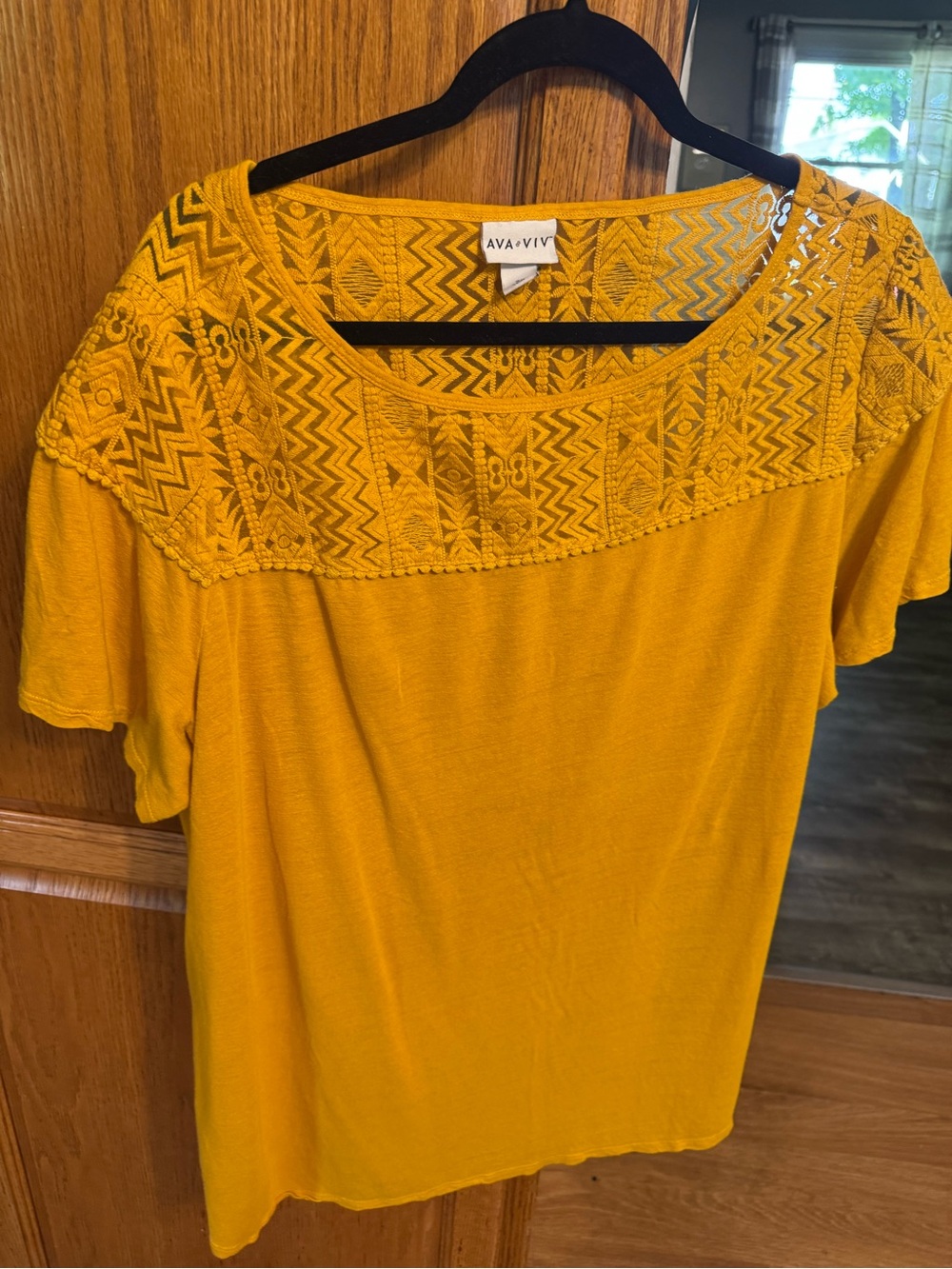 Ava & Viv Mustard Lace Yoke Short Sleeve Top